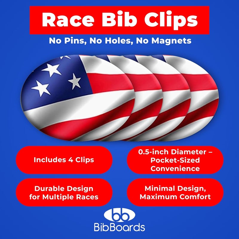 BibBoards مشابك سباق bibSNAPS - مشابك أمان - تأمين رقم السباق، الماراثون، ركوب الدراجات والفعاليات، غير مغناطيسية، سهلة الاستخدام، ناعمة وقابلة لإعادة الاستخدام - بديل للدبابيس والمغناطيس - علم الولايات المتحدة (4 قطع) - Image 2